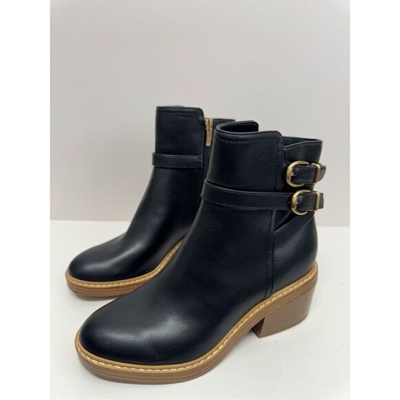 Marc Fisher Ankle Booties Size 5.5 Black Leather Block Heel Buckle Detail NEW - Picture 2 of 10